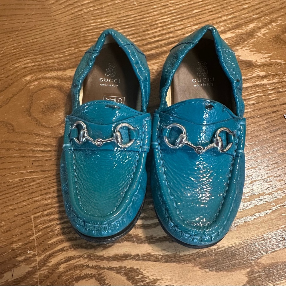 Gucci Kids Teal Patent Leather Horsebit Moccasins